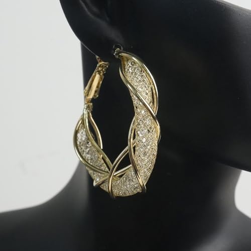 Luxury 14K Gold Plated Brass Hoop Earrings for Women, 3D Metal Mesh with Sparkling Diamonds, Lightweight Twisted Circle Design (33mm), Stylish Daily Jewelry