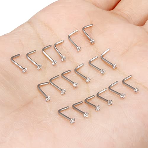 18G 20G 22G Nose Rings Studs with Cubic Zirconia 316L Surgical Steel Straight Screw L Shaped Nose Studs Piercing Jewelry for Women Men Girl CZ 1.5mm 2mm 2.5mm 3mm 20Pcs - color: C:20G L Shaped- Silver 1.5mm
