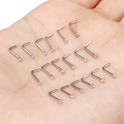 18G 20G 22G Nose Rings Studs with Cubic Zirconia 316L Surgical Steel Straight Screw L Shaped Nose Studs Piercing Jewelry for Women Men Girl CZ 1.5mm 2mm 2.5mm 3mm 20Pcs - color: C:20G L Shaped- Silver 1.5mm
