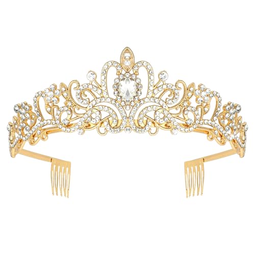 Crystal Tiara Crown Headband Princess Elegant Tiara with Combs for Women Young Ladies Bridal Wedding Prom Birthday Party, Gold - color: Gold