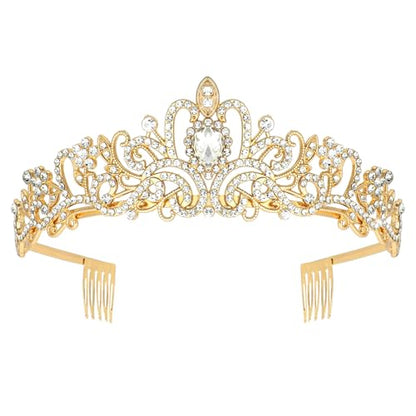 Crystal Tiara Crown Headband Princess Elegant Tiara with Combs for Women Young Ladies Bridal Wedding Prom Birthday Party, Gold - color: Gold