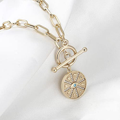 DoreenBeads 18K Gold Sun Moon Star Compass Pendant Necklace | Chunky Toggle Paperclip Chain Necklace with Heart Daisy Bee Charms for Women Girls 20 Inches - color: Lucky Symbols