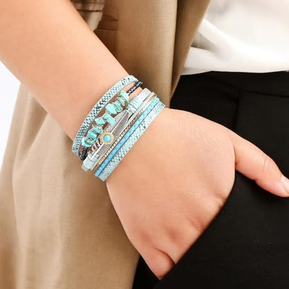 Long tiantian Boho Western Bracelets for Women Leather Wrap Bracelets Turquoise Bracelet Western Jewelry Country Concert Outfits - color: A4:blue