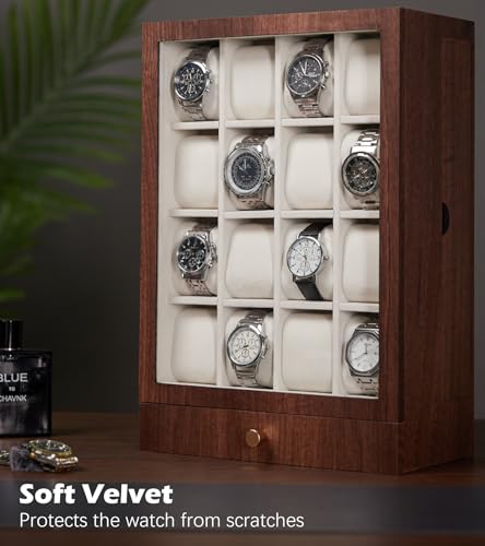Homde Wooden Watch Box for Men: Display Case with 16 Slots | Organizer for Watches Glasses Jewelry - Nightstand Dresser Display-Clear Dustproof Window for Easy Viewing (L Size) - size: L