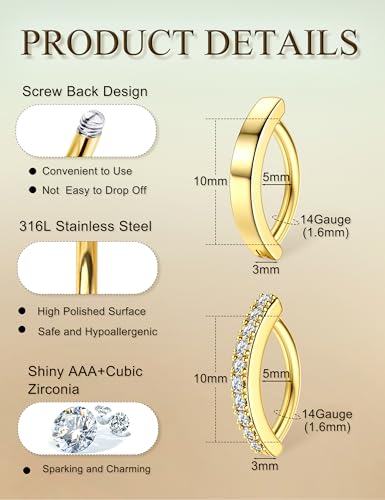 2Pcs 14G Clicker Belly Button Ring for Women Surgical Steel CZ Opal Belly Ring Simple Reverse Navel Rings Body Jewelry - color: 14K Gold Plated, size: 10MM