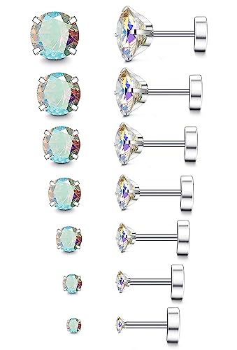 Fansilver 20G Hypoallergenic Flat Back Earrings for Women Men Silver 14K Gold Stainless Steel Stud Earrings Birthstone Cubic Zirconia Studs Surgical Steel Cartilage Earrings for Sensitive Ears - color: AB
