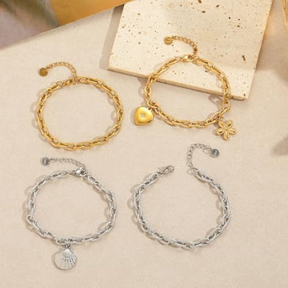10 PCS Bracelets for Women Stainless Steel Chain Link Bracelet Set | 6.7 Inches with Extender, Jewelry Gifts for DIY, Chains Bulk, Oval, Curb, Figaro Chains, 18K Gold Plated, Silver, Chunky - color: Oval Silver