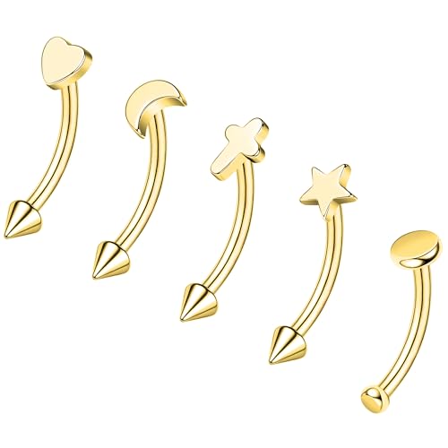 ZS 5Pcs Stainless Steel Eyebrow Rings, 16G Curved Belly Rings Navel Barbell Helix Daith Tragus Earrings Spike Vertical Labret Lip Piercing Jewelry - color: Gold,L:10mm