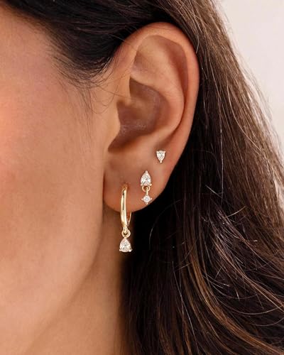 3 Pairs Earring Stacks, Gold Earring Set Jewelry Gift for Women | Small, 14K Gold/White Gold/Black/Rose Gold Plated, Hypoallergenic, Her, Everday, Stackable, Simple, 3 Holes - color: Gold-Teardrop