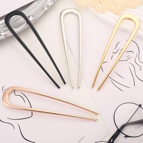 4Pcs Elegant French Hair Pin Set for Women, Metal U Shaped Hair Pins | French Hair Tool Decorative Hair Clips for Thick and Fine Hair (Gold Black Silver Rose Gold)