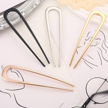 4Pcs Elegant French Hair Pin Set for Women, Metal U Shaped Hair Pins | French Hair Tool Decorative Hair Clips for Thick and Fine Hair (Gold Black Silver Rose Gold)