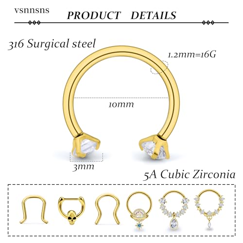 Vsnnsns 16G Septum Rings Piercing Jewelry 316L Stainless Surgical Steel Skull Flower Dangle Clicker Horseshoe Septum Nose Rings Hoop Piercing Jewelry for Women Men Silver Black Rose Gold 10mm - color: 14k Gold Filled Tone