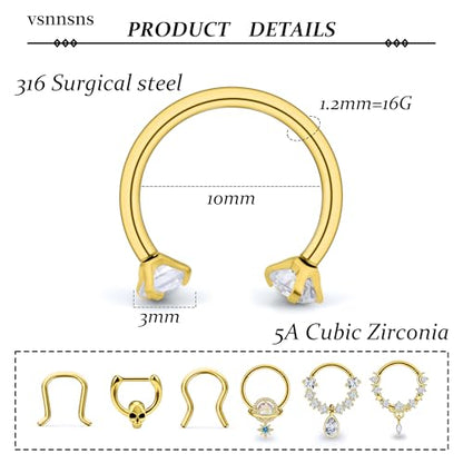Vsnnsns 16G Septum Rings Piercing Jewelry 316L Stainless Surgical Steel Skull Flower Dangle Clicker Horseshoe Septum Nose Rings Hoop Piercing Jewelry for Women Men Silver Black Rose Gold 10mm - color: 14k Gold Filled Tone