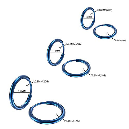 Osayia 316L Surgical Stainless Steel Small Hoop Earrings 8mm 10mm 12mm Hypoallergenic Huggie Thin Hoop Earrings Helix Lobes Hinged Sleeper Earrings Men Women for Cartilage Piercings - color: H: Blue (Diameter 8mm/10mm/12mm),3 Pairs