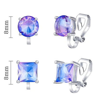 YOQUCOL 2 Pairs 8MM Cubic Zirconia Crystal Clip On Stud Earrings Non Pierced Stud Earrings For Women - color: Aurora-Purple Blue