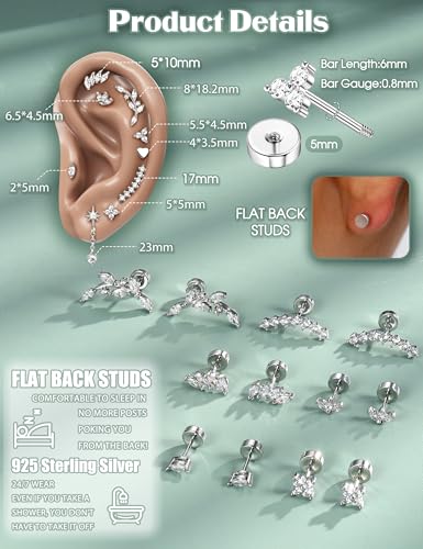 925 Sterling Silver Flat Back Stud Earrings for Women Hypoallergenic | 14K Gold Plated Cartilage Earrings for Sensitive Ears | Leaf Flower CZ Helix Tragus Piercing Jewelry - color: Silver-leaf