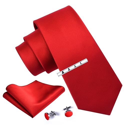 GUSLESON New 3.15"（8cm） Solid Color Necktie and Pocket Square Cufflinks Clip Set - color: Red