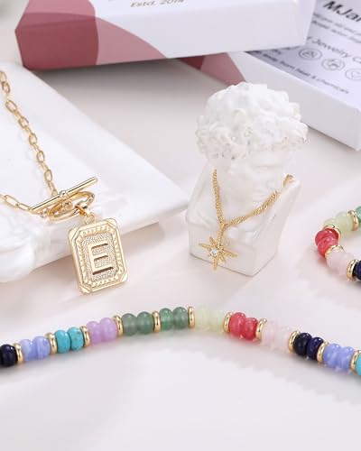 MJartoria Layered Initial Necklaces for Women | 14K Gold Plated Brass, Star Choker, Colorful Beaded, Square Letter Pendant, - color: Gold Plated, style: E