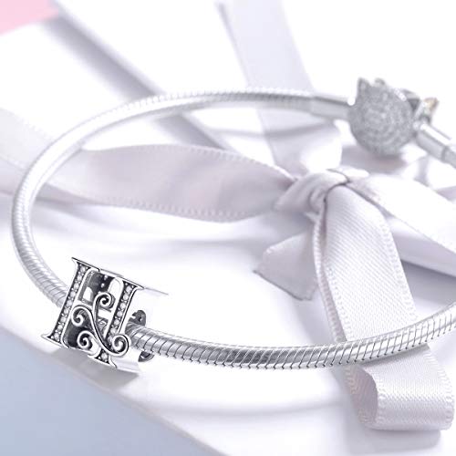 BISAER 925 Sterling Silver Initial Letter A-Z Charms for Bracelets Alphabet Beads Charm Jewelry Gifts - color: Letter H