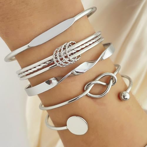 Rrdaily 14k Gold Plated Bangle Bracelet Set for Women,Silver Stackable Multi-Layer Circle Charm Bracelet,Trendy Simple Layered Non Tarnish Cuff Bracelet - color: Silver