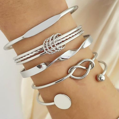 Rrdaily 14k Gold Plated Bangle Bracelet Set for Women,Silver Stackable Multi-Layer Circle Charm Bracelet,Trendy Simple Layered Non Tarnish Cuff Bracelet - color: Silver