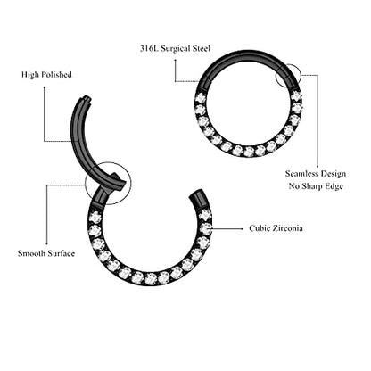 MissNity 20G, 18G, 16G, 14G Hinged Nose Rings Hoop with Gem in 316L Surgical Steel, Septum Clicker Cartilage Earrings Conch Daith Helix Rook Ear Lobe Piercing Jewelry, Diameter 6mm to 12mm - color: 98: Black - Clear CZ