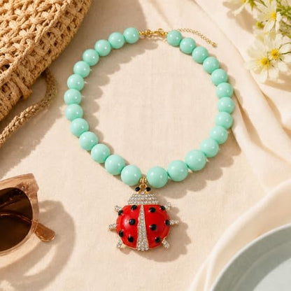 Long tiantian Large Bead Ladybug Necklace for Women Chunky Statement Necklace Red Ladybug Lucky Charm Jewelry Gift