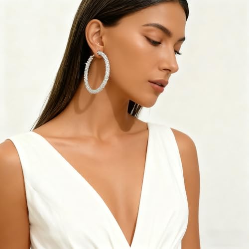 Large Silver Rhinestone Hoop Earrings Sparkly Big Hoop Earrings for Women Bling Chunky Silver Hoops 40/50/60/70mm Trendy Prom Wedding Christmas Jewelry - style: Diameter - 70mm