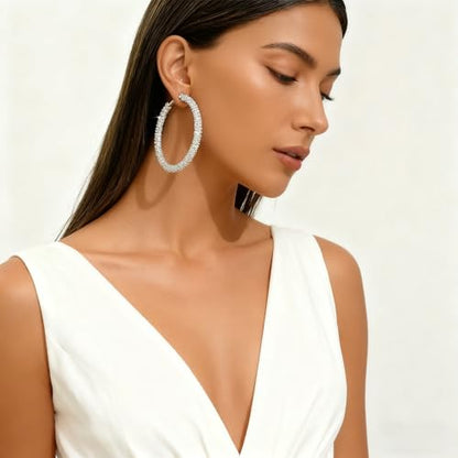 Large Silver Rhinestone Hoop Earrings Sparkly Big Hoop Earrings for Women Bling Chunky Silver Hoops 40/50/60/70mm Trendy Prom Wedding Christmas Jewelry - style: Diameter - 70mm