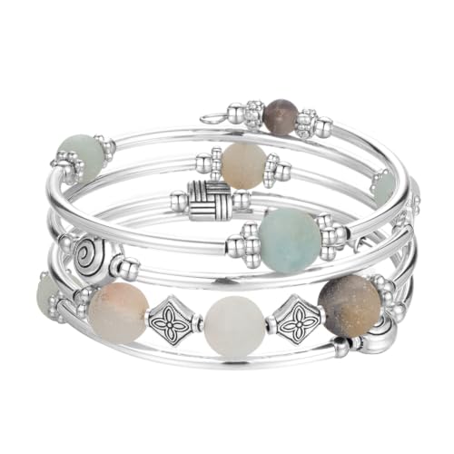 Beaded Pearl Bangle Wrap Bracelet - Fashion Bohemian Jewelry Multilayer Charm Bracelet with Thick Silver Metal Beads, Gift For Women - color: Green
