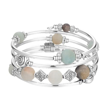 Beaded Pearl Bangle Wrap Bracelet - Fashion Bohemian Jewelry Multilayer Charm Bracelet with Thick Silver Metal Beads, Gift For Women - color: Green