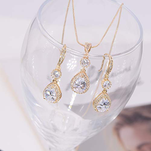 AMYJANE Elegant Jewelry Set for Women - Silver Teardrop Clear Cubic Zirconia Crystal Rhinestone Drop Earrings and Necklace Bridal Jewelry Sets Best Gift for Bridesmaids - style: Angle Tears (14k Yellow Gold Plated)