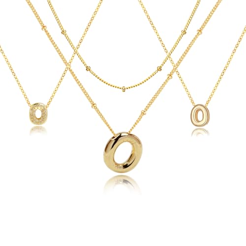 stino 4PCs Bubble Initial Letter Necklace Set, No Tarnish 14K Gold Plated Alphabet Pendant, Jewelry for Women - style: O