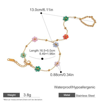 Dainty Flower Beaded Ring Bracelet Hand Chain for Women Stainless Steel 18K Gold Plated Colorful Flowers Daisy Adjustable Satellite Bead Harness Slave Wrist Link Bracelets Boho Jewelry Summer Beach