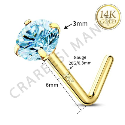 14K Real Gold Nose Studs 20G Nose Rings Studs L Shaped Nose Rings for Women Men Diamond CZ Nose Piercing - color: Yellow Gold-Round BLCZ