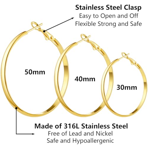 5/12 Pairs Gold Silver Plated Hoop Earrings for Women, Hypoallergenic Stainless Steel Hoops Earrings Set, Lightweight Large Small Hoops Women Earrings Loop Earrings Set - color: 6 Pairs Silver Gold Plated Flat Round Shape Hoop Earrings