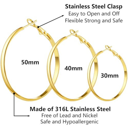 5/12 Pairs Gold Silver Plated Hoop Earrings for Women, Hypoallergenic Stainless Steel Hoops Earrings Set, Lightweight Large Small Hoops Women Earrings Loop Earrings Set - color: 6 Pairs Silver Gold Plated Flat Round Shape Hoop Earrings