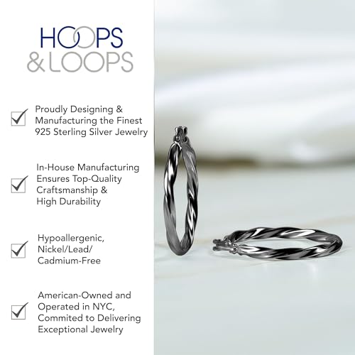 Hoops & Loops 925 Sterling Silver Twisted Hoop Earrings for Women - Hypoallergenic 14K Gold, Rose Gold, Black Flash Plated 2mm Thin Twist Design Round Click-Top Hoops, 15/20/25/30/35/40/50/60mm - color: 15,20,25mm - Black