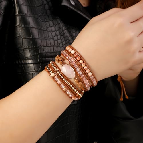Artilady Leather Wrap Bracelet for Women, Pearl Beaded Bangle Stack Jewelry | Easy on-off, Elegant Handmade Multi-Layered, Daily Casual Date Beach Vacation, Gift for Ladies, Mother, Sister & Friend - style: Pink stone