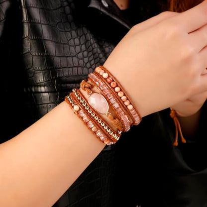 Artilady Leather Wrap Bracelet for Women, Pearl Beaded Bangle Stack Jewelry | Easy on-off, Elegant Handmade Multi-Layered, Daily Casual Date Beach Vacation, Gift for Ladies, Mother, Sister & Friend - style: Pink stone