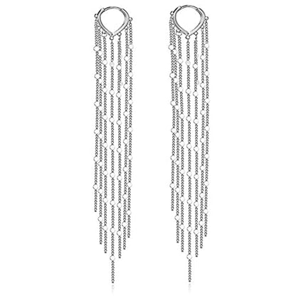 Chic Charm 14k Gold Silver Plated Big Chandelier Tassel Long Chain Geometry Huggie Hoop Dangle Drop Earrings for Women Statement Jewelry Gifts - color: Silver