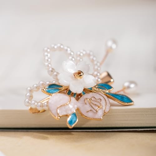 A Pair Wedding Hair Clips, Handmade Floral Design Crystal Hair Clips Pearl Barrettes, Rhinestones Flower Clips Pearl Headpieces Hair Pins Hair Accessories for Women Girls (White) - color: White