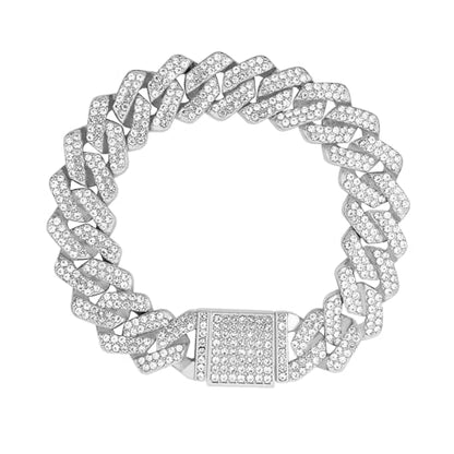 Mens Cuban Link Chain Iced Out Miami Cuban Necklace/Bracelet |14mm Silver & Gold Plated Chains | Bling Diamond Hip Hop Jewelry For Men Women - color: Silver, size: 8 inches