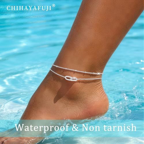 Sterling Silver Ankle Bracelets for Women 14k Gold Plated Waterproof Layered Stackable Bead Chain Infinity Charm Non Tarnish Large Adjustable Summer Party Beach Jewelry Gift - color: silverB