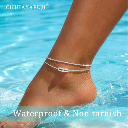 Sterling Silver Ankle Bracelets for Women 14k Gold Plated Waterproof Layered Stackable Bead Chain Infinity Charm Non Tarnish Large Adjustable Summer Party Beach Jewelry Gift - color: silverB