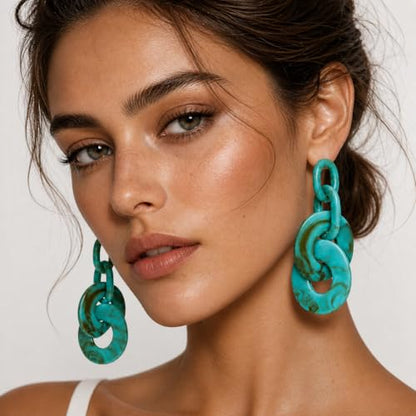 Turquoise Blue Acrylic Dangle Earrings for Women, Geometric Chunky Drop Earrings, Lightweight Statement Link Earrings, Modern Resin Fashion Jewelry