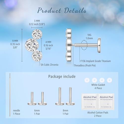 limerencia G23 Hypoallergenic 18g Flat Back Stud Earrings | F136 Implant Grade Titanium Pressfit Threadless Push Pop in Cartilage Helix Labret Lip Monroe Tragus Flat Back Piercing Studs - color: Three Crystal Cluster Silver