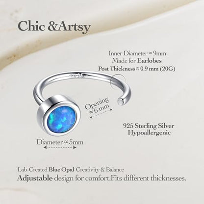 CHIC & ARTSY 925 Sterling Silver Half Hoop Earrings for Women, Dainty Huggie Hoops with Synthetic Opal, Moonstone, CZ & Gemstones, Lightweight Comfort Fit Everyday Elegant Jewelry - color: Opal Blue/Silver