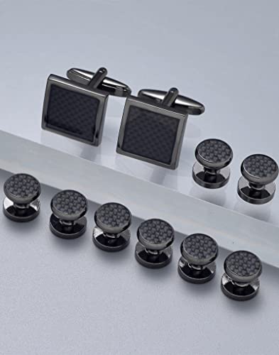 10Pcs Cufflinks for Men Classic Design Carbon Fiber Cufflinks Tuxedo Shirt Stud Set for Wedding Business Birthday Meeting Black Tone Cufflinks - style: B:10Pcs,square