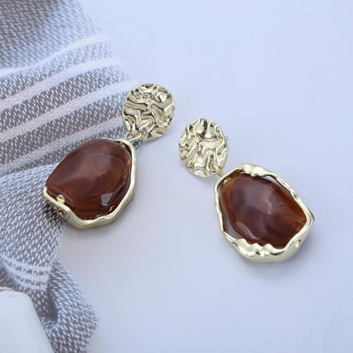 Vintage Irregular Acrylic Dangle Earrings Enamel Brown Drop Earrings Gold Hammered Disc Stud Earrings Acrylic Brown Geometric Earrings Jewelry for Women